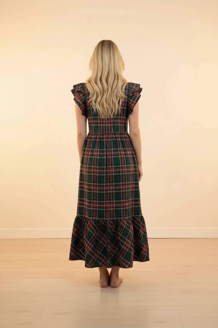 Plaid Ruffle Sleeve Tiered Midi Dress | Green