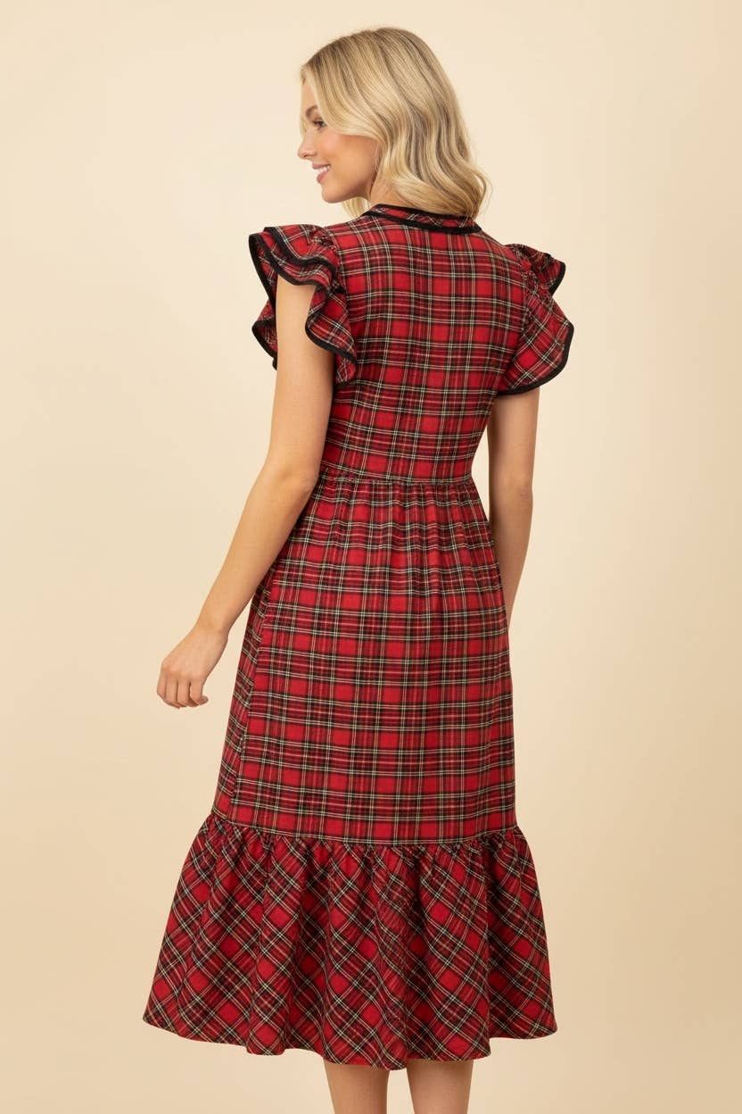 Plaid Ruffle Sleeve Tiered Midi Dress | Red