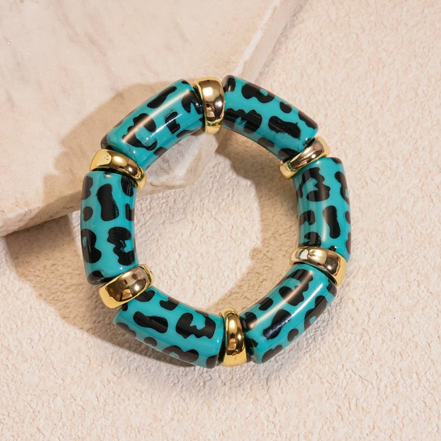 Wall to Wall by Josslyn Acrylic Leopard Animal Gold Stretch Cord Bracelet | PEACH