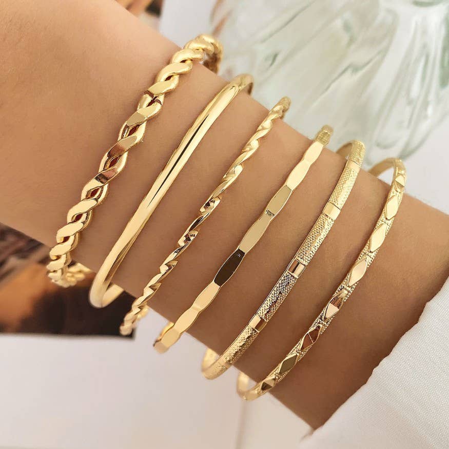 Wall to Wall by Josslyn Gold Layered Bangle Set - Mixed Texture Stack