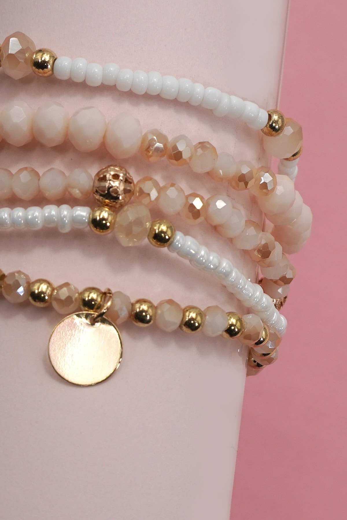 MULTILAYER BEADED CHAIN DISC CHARM BRACELET