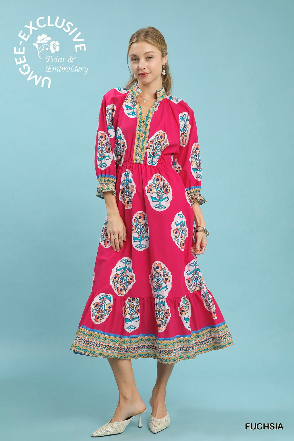 Umgee Flower Patch Border Print V-Neck Midi Dress