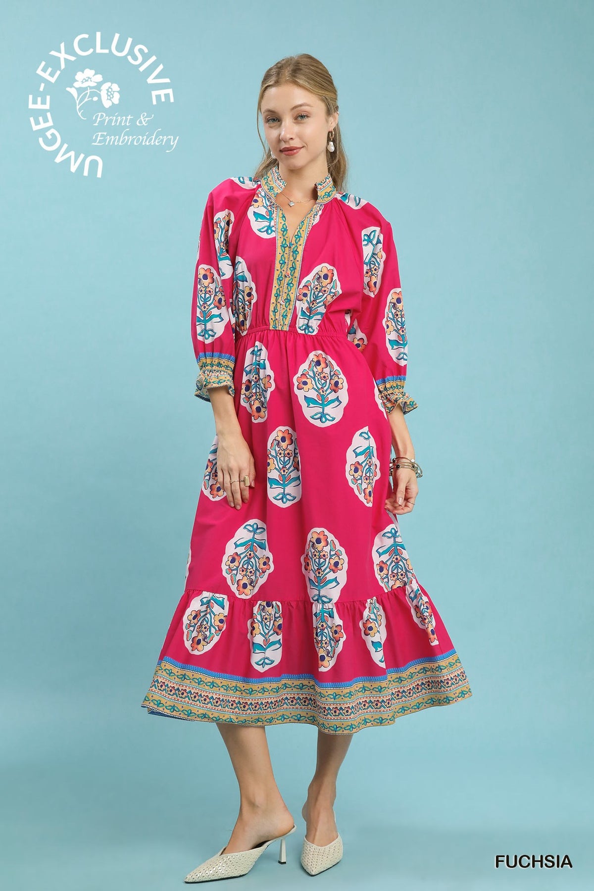 Umgee Flower Patch Border Print V-Neck Midi Dress