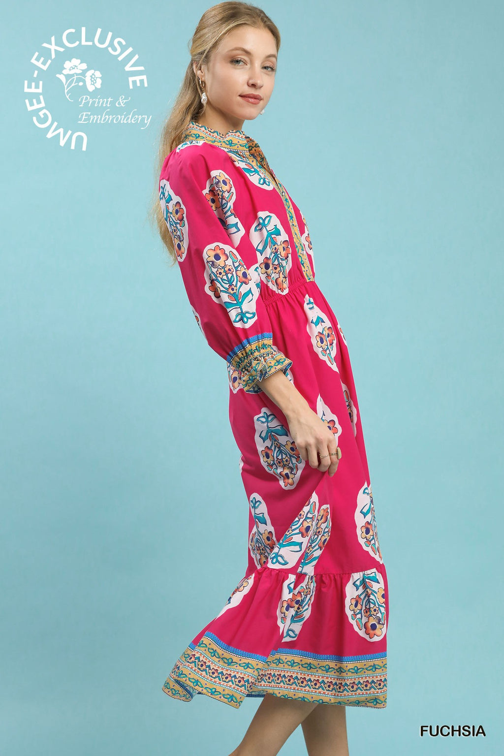 Umgee Flower Patch Border Print V-Neck Midi Dress