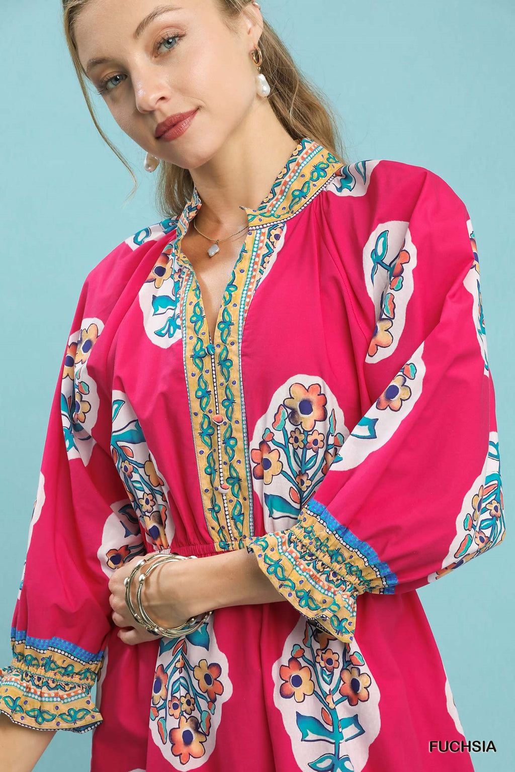 Umgee Flower Patch Border Print V-Neck Midi Dress