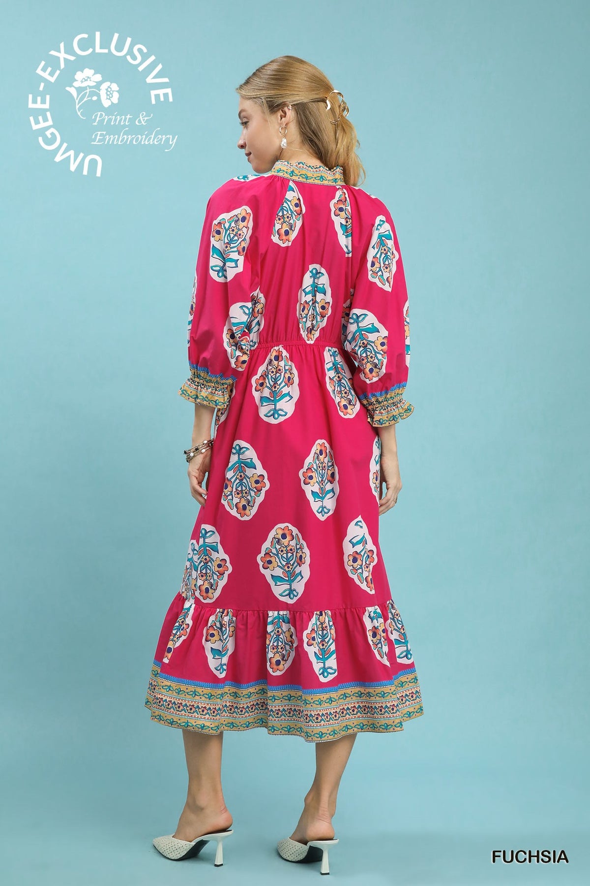 Umgee Flower Patch Border Print V-Neck Midi Dress