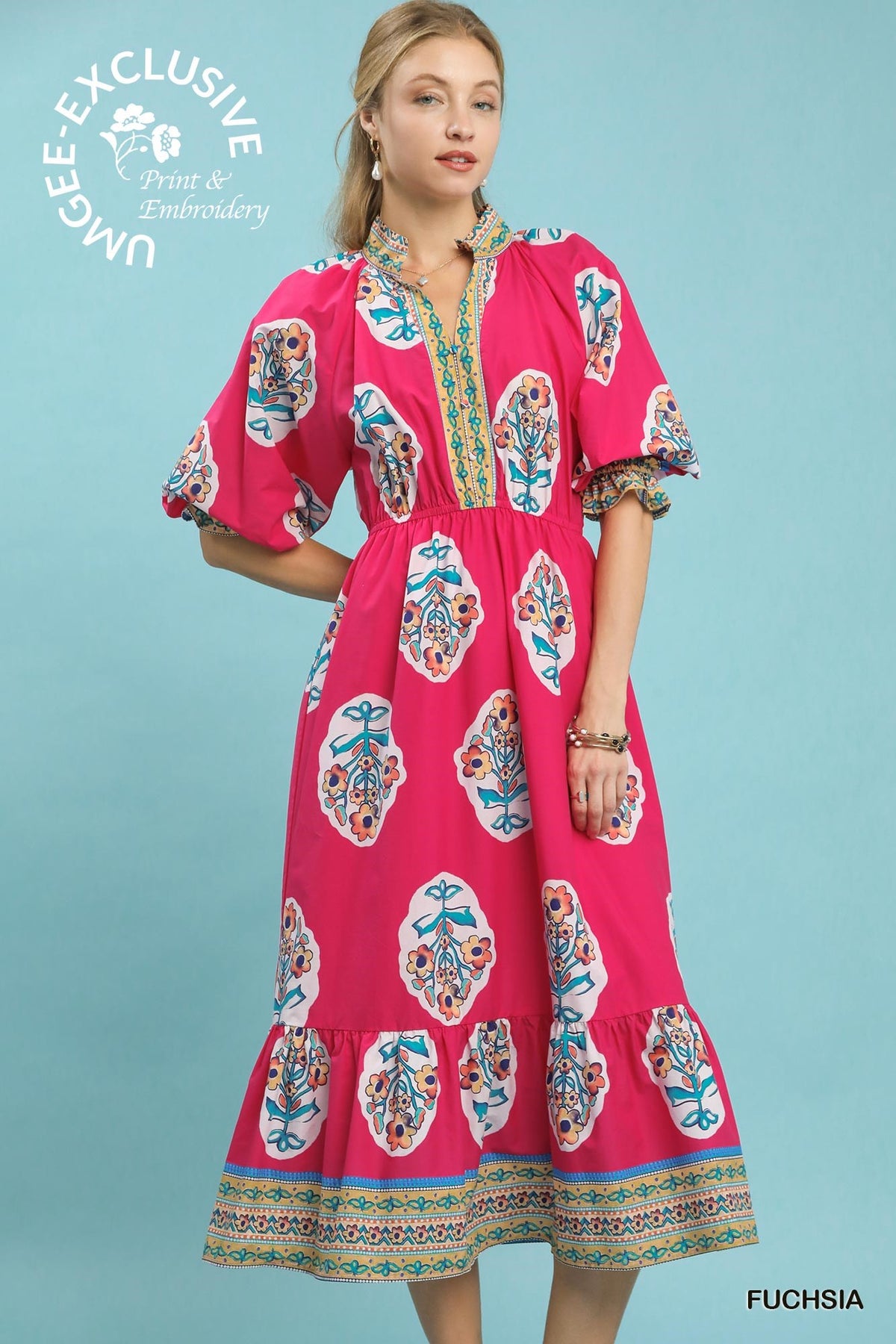 Umgee Flower Patch Border Print V-Neck Midi Dress
