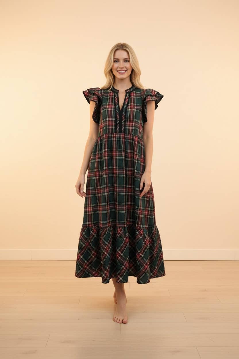 Plaid Ruffle Sleeve Tiered Midi Dress | Green