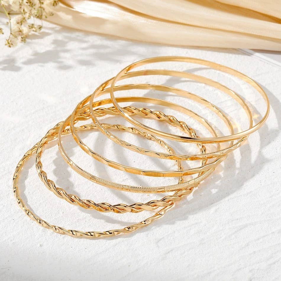 Wall to Wall by Josslyn Gold Layered Bangle Set - Mixed Texture Stack