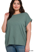 ZENANA PLUS COTTON MODAL SLUB ROLLED SLEEVE TEE - ASH JADE