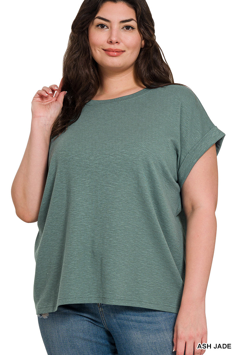 ZENANA PLUS COTTON MODAL SLUB ROLLED SLEEVE TEE - ASH JADE