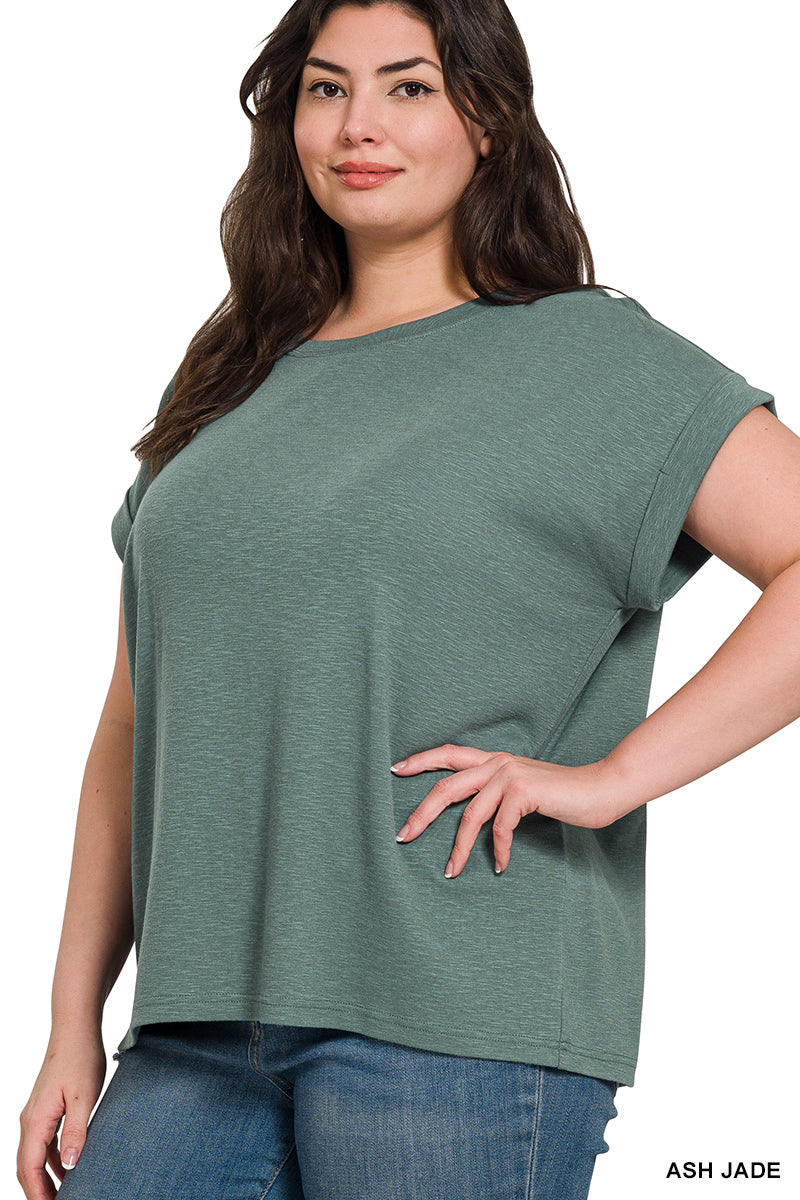 ZENANA PLUS COTTON MODAL SLUB ROLLED SLEEVE TEE - ASH JADE