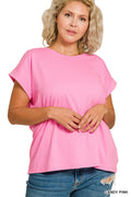 ZENANA - PLUS ROUND NECK FOLDED SHORT SLEEVE T-SHIRT - CANDY PINK