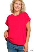ZENANA PLUS ROUND NECK FOLDED SHORT SLEEVE T-SHIRT - RUBY