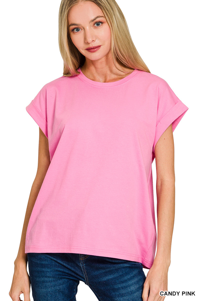 ZENANA ROUND NECK FOLDED SHORT SLEEVE T-SHIRT- CANDY PINK