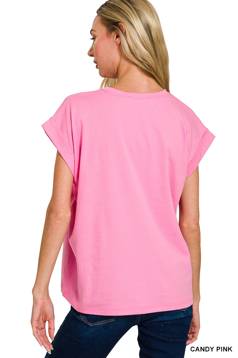 ZENANA ROUND NECK FOLDED SHORT SLEEVE T-SHIRT- CANDY PINK