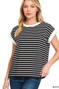 ZENANA CONTRAST TRIM CAP SLEEVE STRIPE TEE- BLACK
