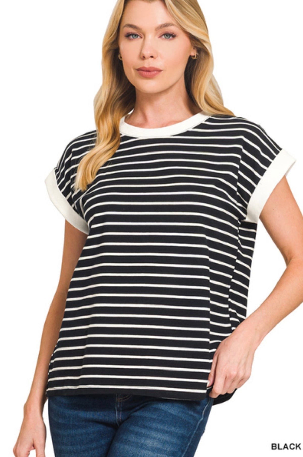 ZENANA CONTRAST TRIM CAP SLEEVE STRIPE TEE- BLACK