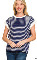 ZENANA CONTRAST TRIM CAP SLEEVE STRIPE TEE- NAVY