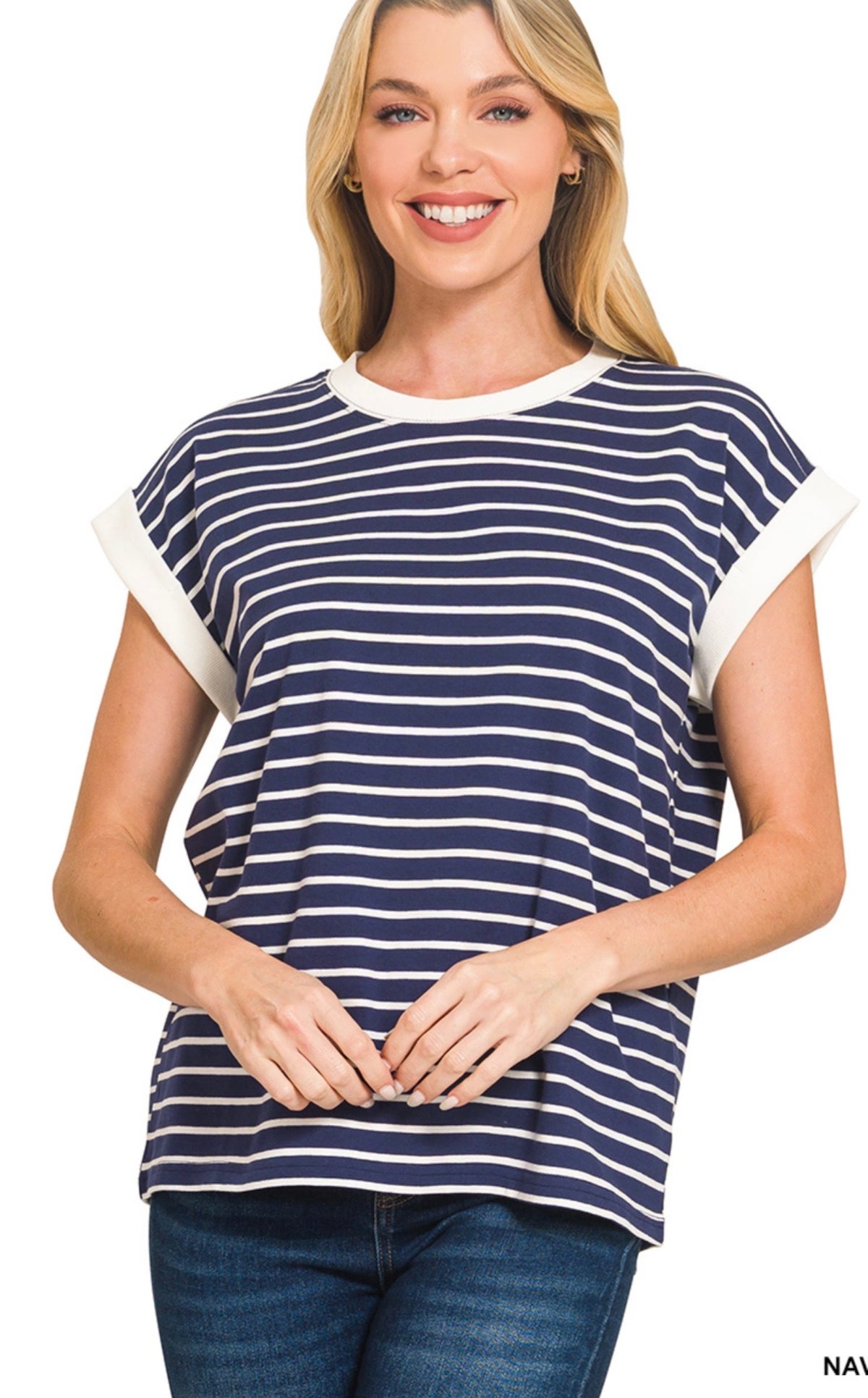 ZENANA CONTRAST TRIM CAP SLEEVE STRIPE TEE- NAVY