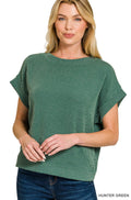 ZENANA RAISED RIB CAP SLEEVE TOP- HUNTER GREEN