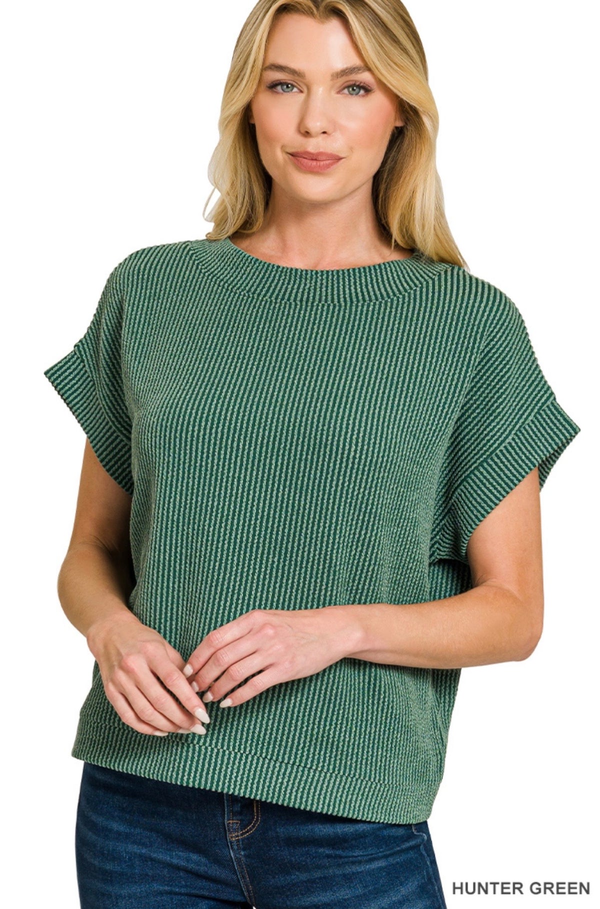 ZENANA RAISED RIB CAP SLEEVE TOP- HUNTER GREEN