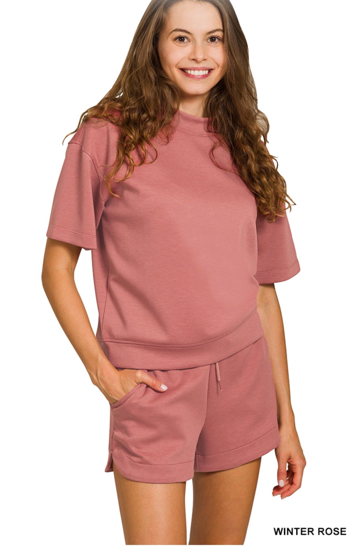 ZENANA SCUBA HIGH NECK TOP & DOLPHIN SHORTS SET- WINTER ROSE