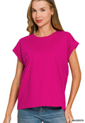 ZENANA ROUND NECK FOLDED SHORT SLEEVE T-SHIRT- MAGENTA
