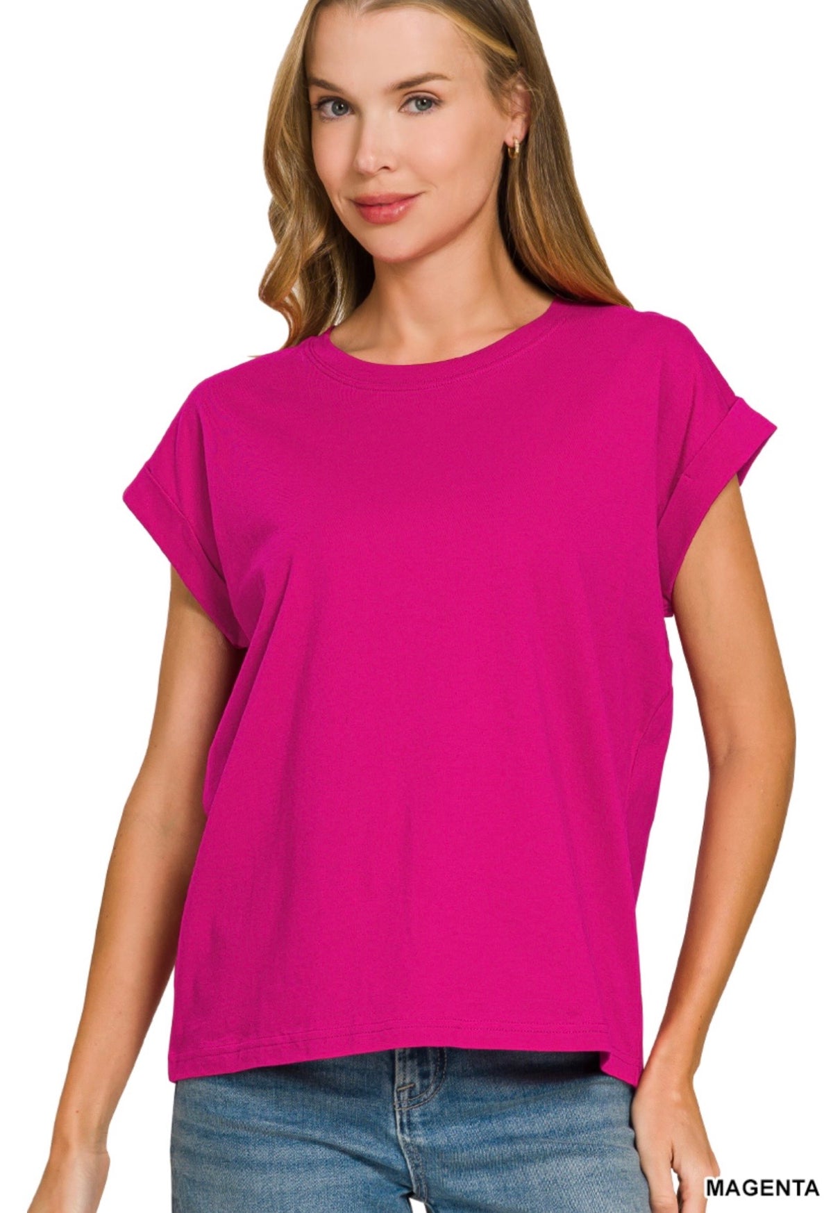 ZENANA ROUND NECK FOLDED SHORT SLEEVE T-SHIRT- MAGENTA
