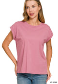 ZENANA ROUND NECK FOLDED SHORT SLEEVE T-SHIRT- LIGHT ROSE