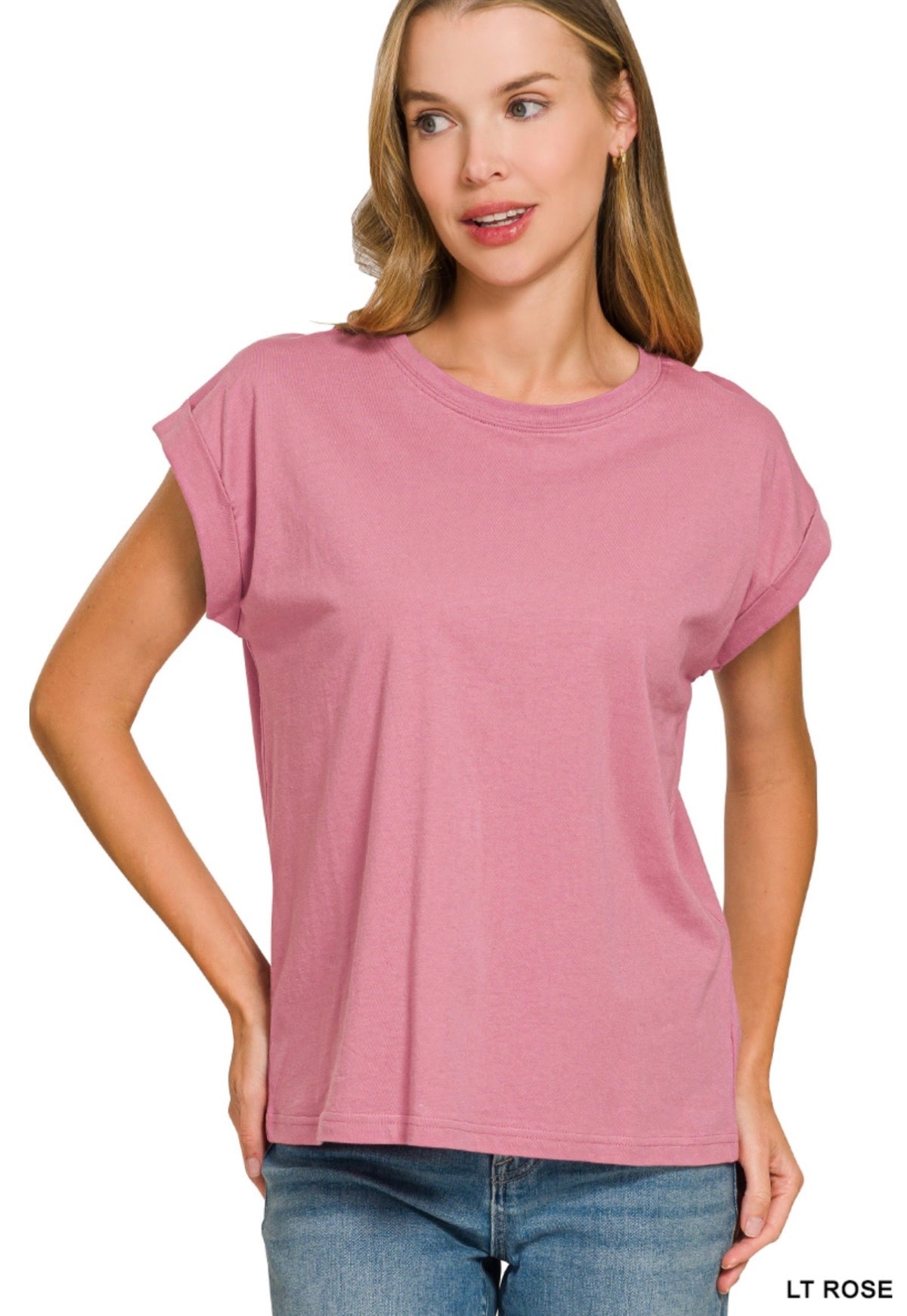 ZENANA ROUND NECK FOLDED SHORT SLEEVE T-SHIRT- LIGHT ROSE