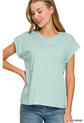 ZENANA ROUND NECK FOLDED SHORT SLEEVE T-SHIRT- SEA ANGEL
