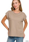 ZENANA ROUND NECK FOLDED SHORT SLEEVE T-SHIRT COCOA