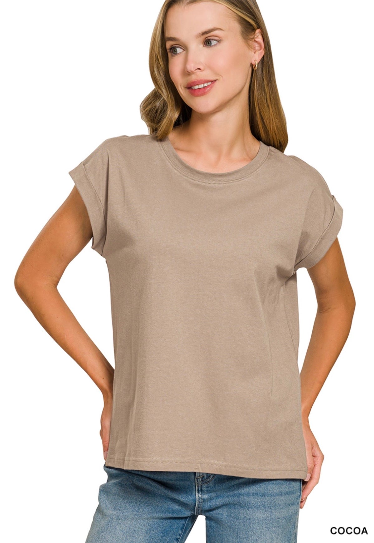 ZENANA ROUND NECK FOLDED SHORT SLEEVE T-SHIRT COCOA