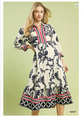 Umgee Boho Print Tiered Midi Dress-Navy