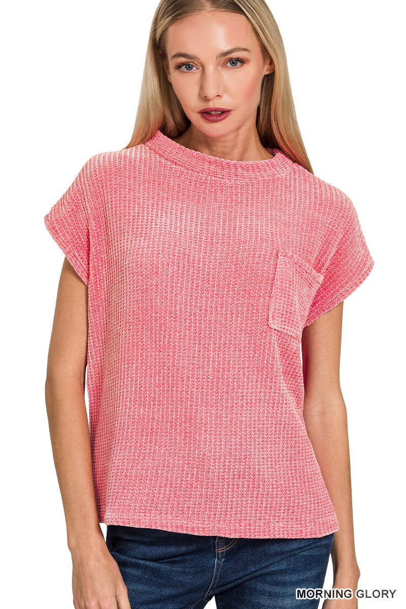 Zenana CHENILLE WAFFLE SHORT SLEEVE SWEATER