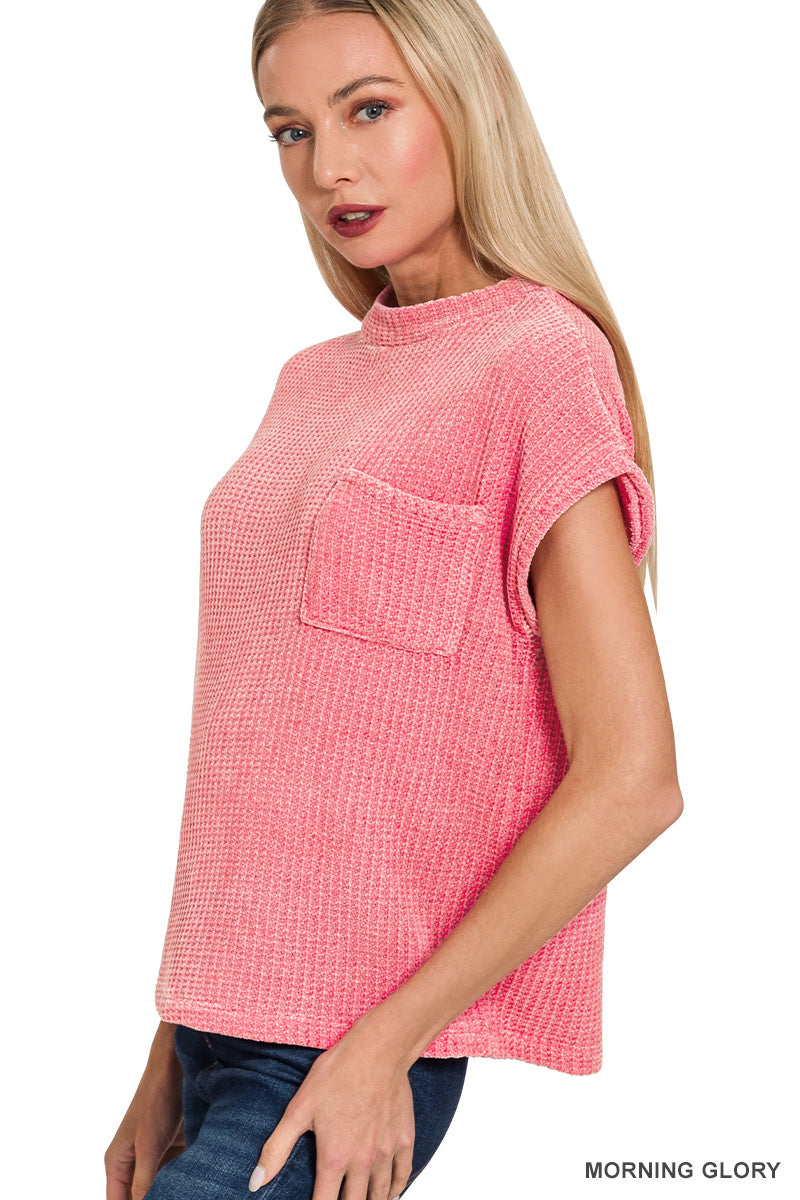 Zenana CHENILLE WAFFLE SHORT SLEEVE SWEATER