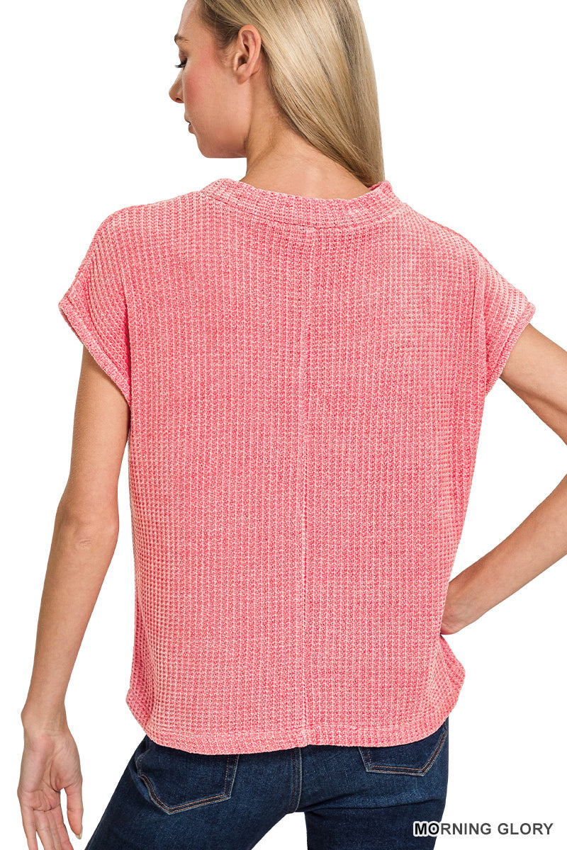 Zenana CHENILLE WAFFLE SHORT SLEEVE SWEATER