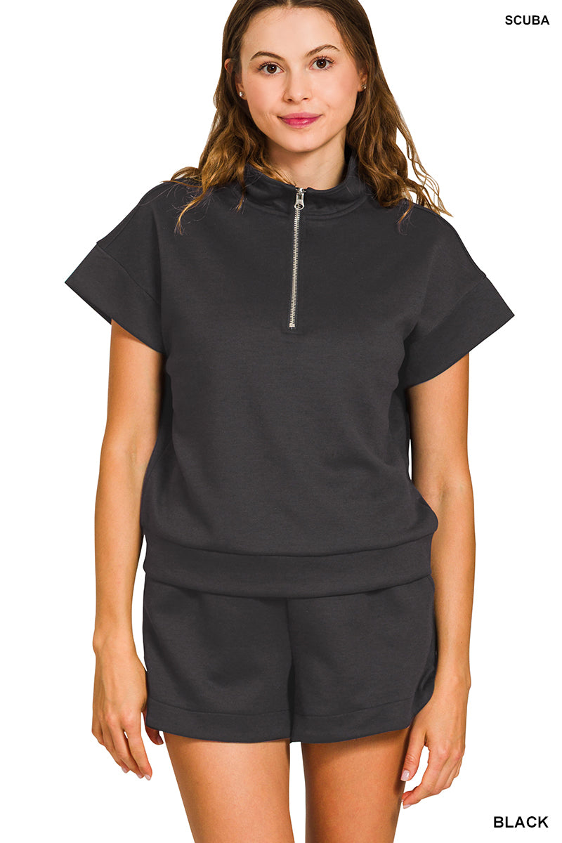 Zenana SCUBA HIGH NECK HALF ZIP TOP & DOLPHIN SHORTS SET-BLACK