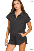 Zenana SCUBA HIGH NECK HALF ZIP TOP & DOLPHIN SHORTS SET-BLACK