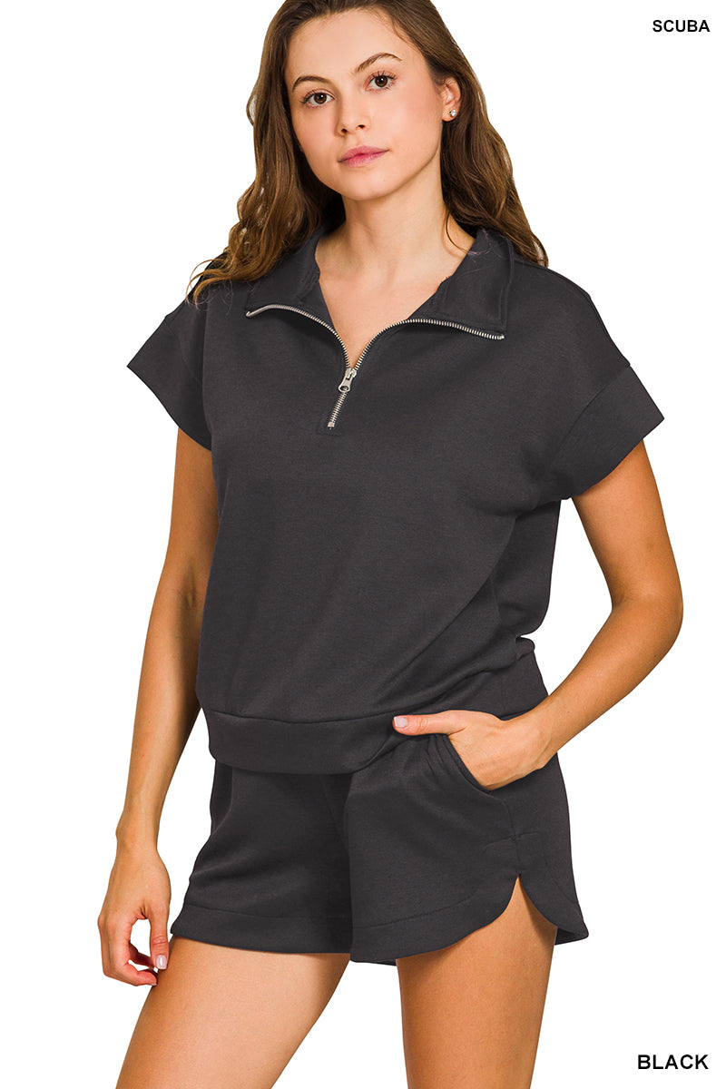 Zenana SCUBA HIGH NECK HALF ZIP TOP & DOLPHIN SHORTS SET-BLACK