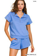 Zenana SCUBA HIGH NECK HALF ZIP TOP & DOLPHIN SHORTS SET-CORNFLOWER BLUE