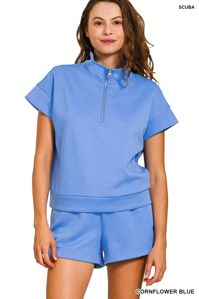 Zenana SCUBA HIGH NECK HALF ZIP TOP & DOLPHIN SHORTS SET-CORNFLOWER BLUE