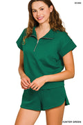 Zenana SCUBA HIGH NECK HALF ZIP TOP & DOLPHIN SHORTS SET-HUNTER GREEN