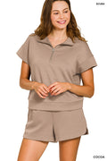 Zenana SCUBA HIGH NECK HALF ZIP TOP & DOLPHIN SHORTS SET-COCOA