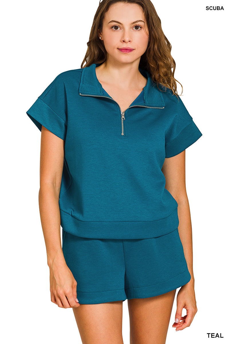SCUBA HIGH NECK HALF ZIP TOP & DOLPHIN SHORTS SET-TEAL