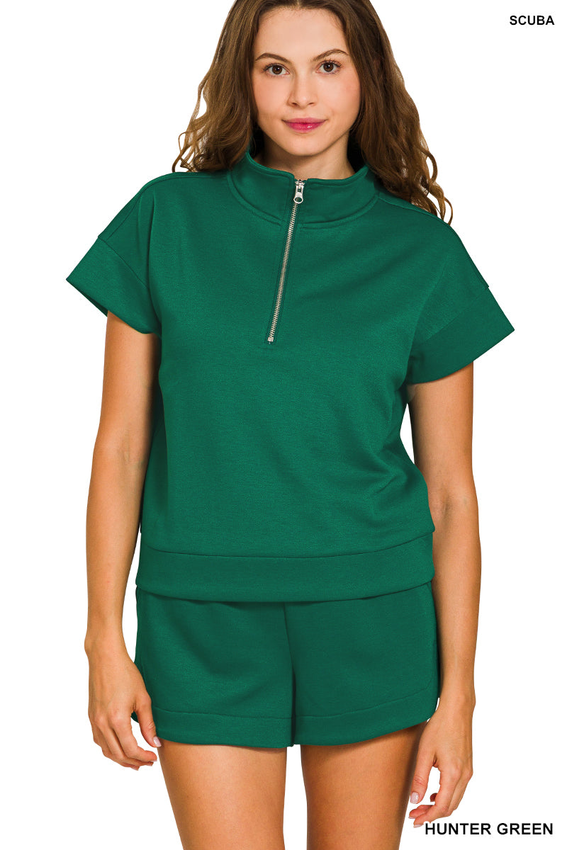 Zenana SCUBA HIGH NECK HALF ZIP TOP & DOLPHIN SHORTS SET-HUNTER GREEN