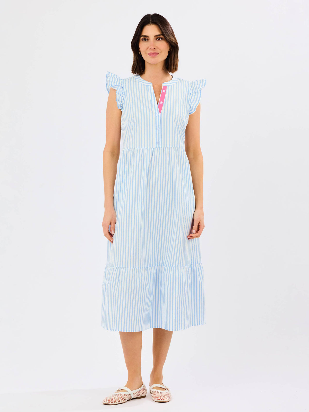 Mary Square Riley Flutter Sleeve Dress | Pin Stripe Blue