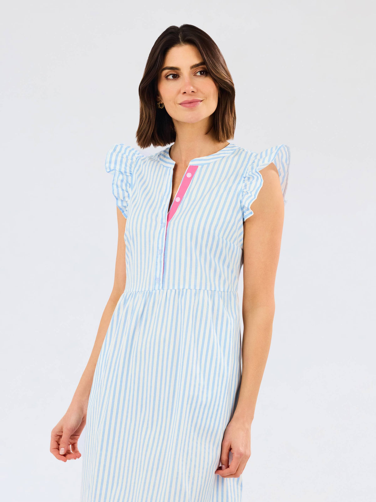 Mary Square Riley Flutter Sleeve Dress | Pin Stripe Blue