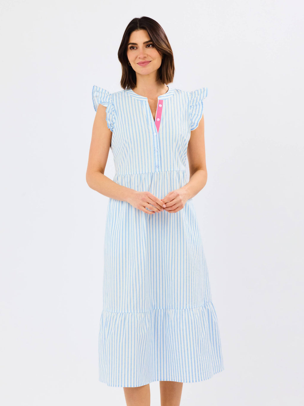 Mary Square Riley Flutter Sleeve Dress | Pin Stripe Blue
